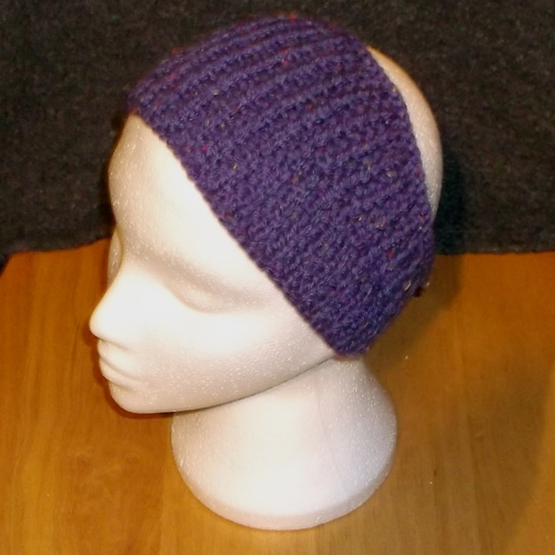 Purple coloured knitted headwear, handmade by Longhaired Jewels